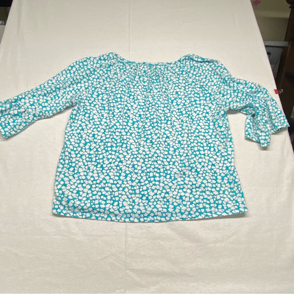 Michael Michael Kors Scoop Neck Pullover Size L 3/4 Bell sleeves Turquoise White - Picture 2 of 13